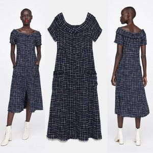 Zara Tweed Dress Blue Gemstone Buttons Size L
